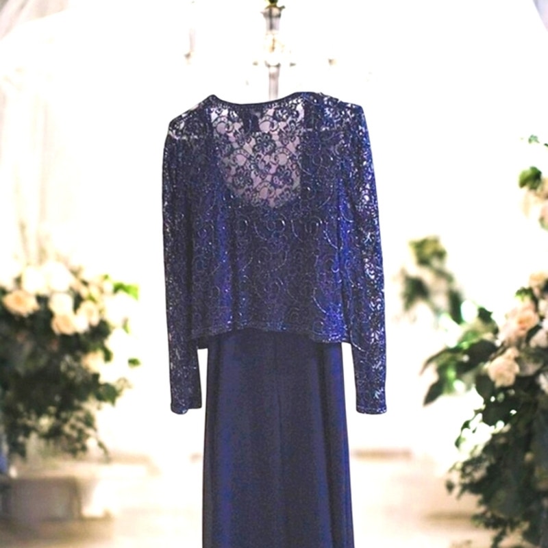 2pc Mother Of Bride Brilliante Sparkle Gown & Beaded Jacket Sz L Navy Blue Lace